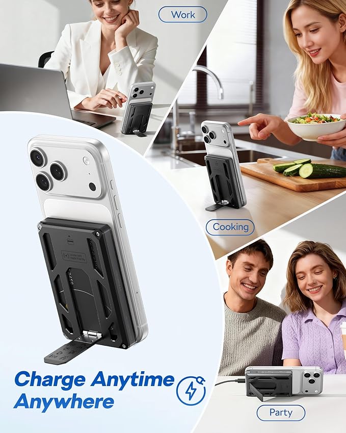 VEGER Portable Charger, Magnetic Power Bank with Phone Stand, Card Slot RFID Blocking, Global Tracking, 20W USB-C Fast Charging Powerbank, 15W Wireless Battery Pack for iPhone17/16/15/14/13/12 Black