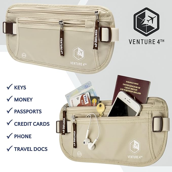 VENTURE 4TH Slim Minimalist Design RFID Money Belt with RFID Blocking Sleeves, for Men and Women – Ideal for Keeping Your Cash, Credit Card, Passport, Phone Secure When Traveling - Beige