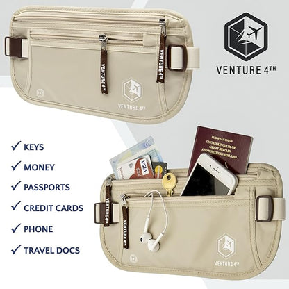 VENTURE 4TH Slim Minimalist Design RFID Money Belt with RFID Blocking Sleeves, for Men and Women – Ideal for Keeping Your Cash, Credit Card, Passport, Phone Secure When Traveling - Beige