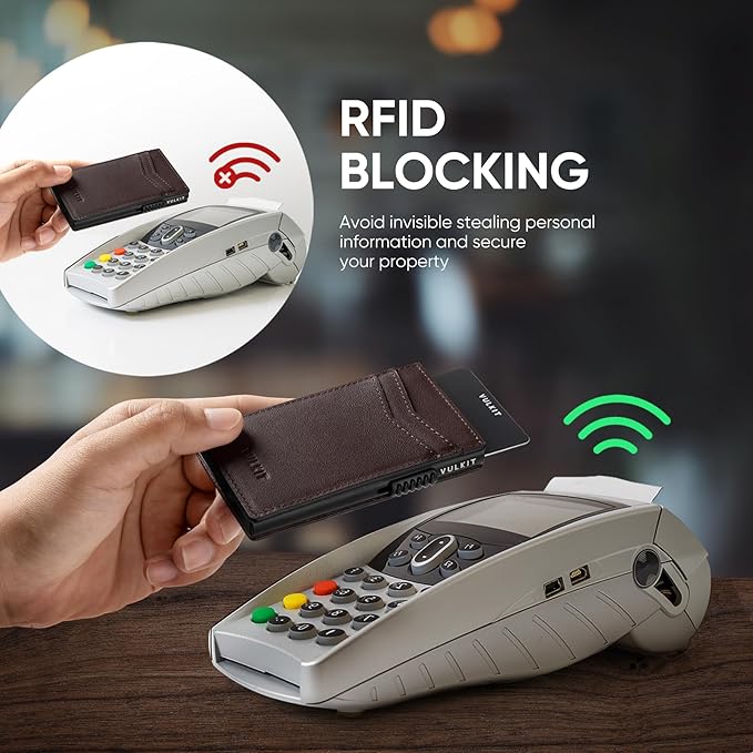 VULKIT Men's Slim Wallet Pop Up Card Holder RFID Blocking Metal Wallet Minimalist Design Holds Up to 11 Cards, Nappa Leather