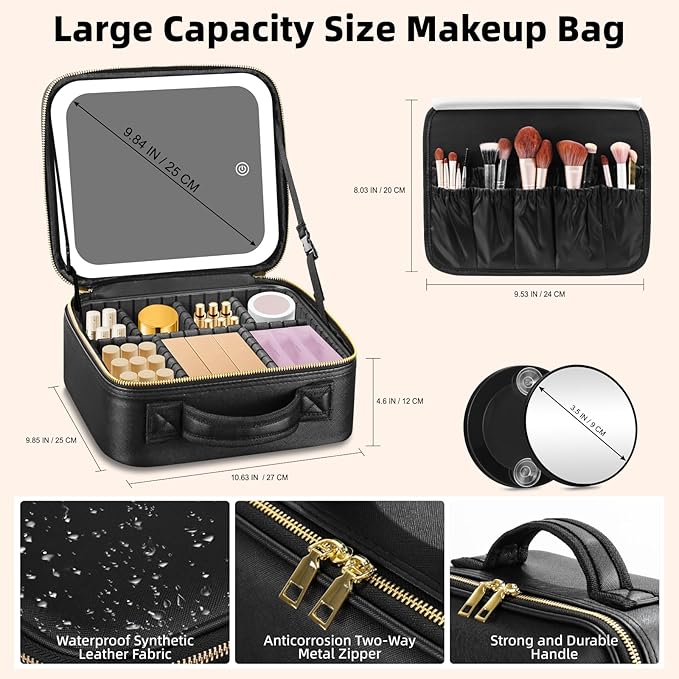 Makeup Bag with Mirror and Light 3 Colors, Travel Make up Bag with Mirror Portable Lighted Makeup Case Organizer Cosmetic Case with 2-Layers Adjustable Dividers & 10X Magnifying Mirror(Black)