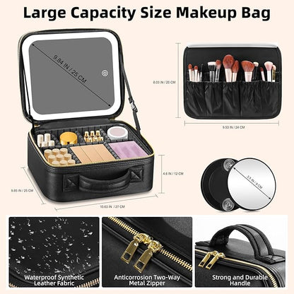 Makeup Bag with Mirror and Light 3 Colors, Travel Make up Bag with Mirror Portable Lighted Makeup Case Organizer Cosmetic Case with 2-Layers Adjustable Dividers & 10X Magnifying Mirror(Black)