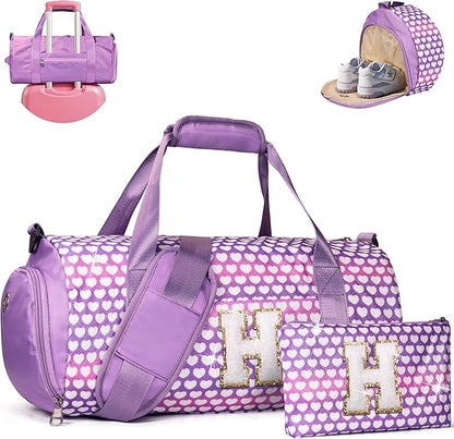 8 Year Old Girl Birthday Gift, Girls Travel Duffel Bag, Kids Initial Overnight Bags with Shoe Compartment, Personalized Gym Ballet Dance Bag with Makeup Pouch, Christmas Gifts (Letter H)