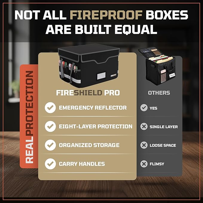 FIRESHIELD PRO 5200°F Fireproof Document Box with Lock – Portable Water Resistant File Organizer for Hanging/Legal Folders – Safe Storage for Home, Office or Travel – Black, Size: 16.1" x 12.9" x 11"
