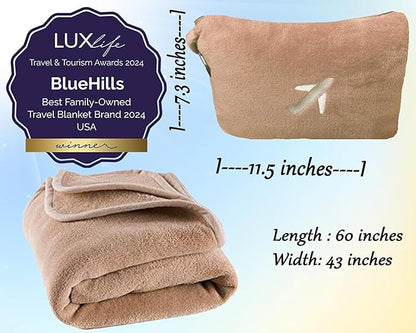 BlueHills 2-Pack Mini Premium Soft Plush Travel Blanket Pillow Airplane Essentials for Two in bag Flight Traveling Warm Portable Plane Blankets Compact Cozy Traveler Backpack Blankets Warm Beige - M26