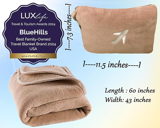 BlueHills Travel Blanket Pillow in Mini Soft Case Premium Plush Airplane Blanket Compact Luggage Belt and Backpack Clip Warm Plane Pillows Traveling Gifts Packable - Beige M06