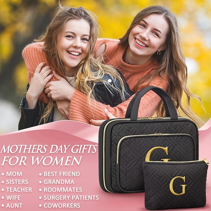 Gifts for Women, Initial Toiletry Makeup Bag Hanging Cosmetic Organizer with Embroidery Letter Personalized Nurse Teacher Appreciation Gift Birthday Christmas Gifts for Mom Sister Wife Friend Auntie