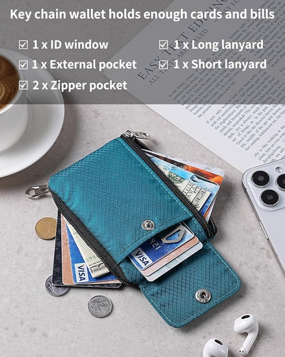 Minimalist Wallet For Mens Womens, Keychain RFID Blocking Zipper Small Wallet with ID Window 2 Lanyards,Water Resistant Travel Cash Card Coin Case Boys Girls