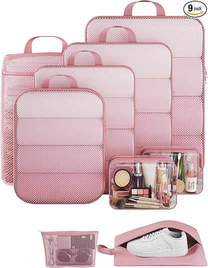 Veken 9/11 Set Compression Packing Cubes for Travel Essentials,Compressible Expandable Large Luggage Suitcase Organizer Bags for Clothing,Durable Space Saver Storage Bags with Toiletry Bags(Pink)