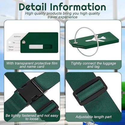 Weewooday 8 Pcs Luggage Straps Suitcase Tags Set for TSA Approved, 4 Travel Adjustable Suitcase Belt, 4 Silicone Luggage Tags with Name ID Card Travel Accessories(Dark Green,Airplane)