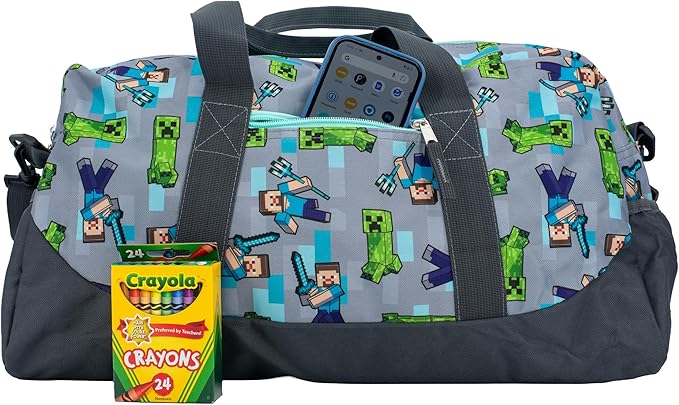 Minecraft Duffle Bag, 16 inch Travel Sleepover Weekender Bag for Girls & Boys, Green/Gray