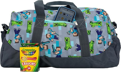 Minecraft Duffle Bag, 16 inch Travel Sleepover Weekender Bag for Girls & Boys, Green/Gray