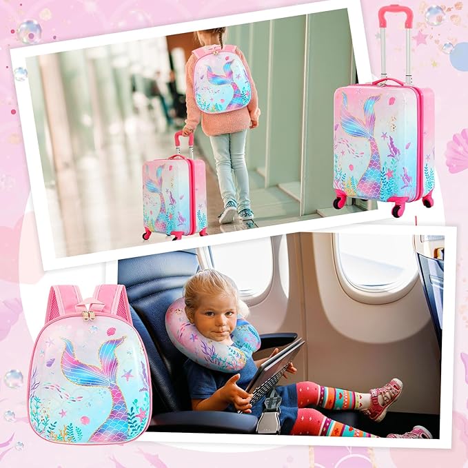 Sanwuta 4 Pcs Kids Luggage Set Backpack Travel Rolling Suitcase U-shape Pillow Christmas Children Gift for Girls Boys(17 Inch,Mermaid's Tail Style,Blue Purple)