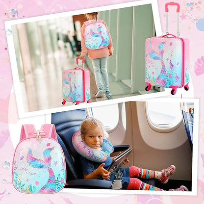 Sanwuta 4 Pcs Kids Luggage Set Backpack Travel Rolling Suitcase U-shape Pillow Christmas Children Gift for Girls Boys(17 Inch,Mermaid's Tail Style,Blue Purple)