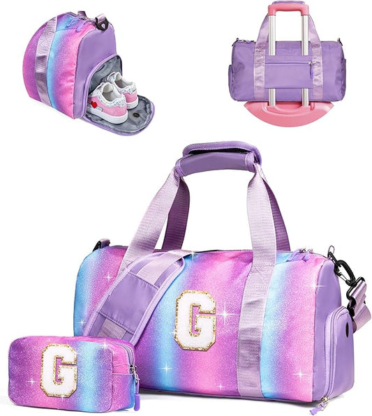 Gifts for 4 5 6 7 8 9 10 Year Old Girls-Girl Gym Bag with Shoe Compartment, Kid Personalized Weekender Overnight Bags, Initial Travel Tote with Makeup Pouch, Gift for Daughter (Letter G)