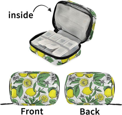 Fustylead Lemons Leaves Floral Pill Organizer Travel Portable Zipper Cloth Bag for Holding Weekly Supplements Vitamins and Fish Oils