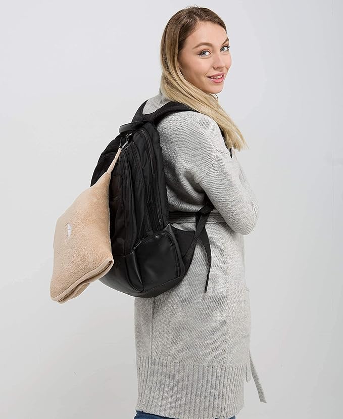 BlueHills Premium Soft Tall Travel Blanket Pillow for Airplane Traveling Essentials Long Flight Trip Throw in Bag case with Backpack Clip Compact Large Plane Accessories Beige T053