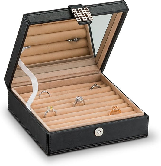 Glenor Co Ring Box Organizer - 54 Slot Classic Jewelry Display Case Holder - Storage Tray with Modern Buckle Closure, Large Mirror - for Rings and Cufflinks - Small for Travel - PU leather - Black