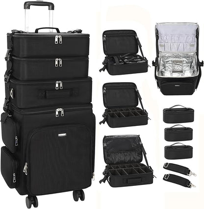Relavel Rolling Makeup Case, 4 in 1 Hairstylist Traveling Bag Cosmetology Case on Wheels Large Hair Tools Cosmetics Train Case Makeup Artist Storage Organizer Trolley Suitcase with 360° Swivel Wheels