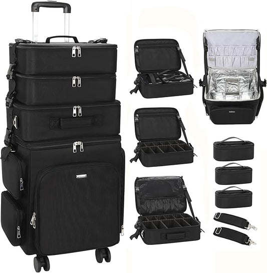 Relavel Rolling Makeup Case, 4 in 1 Hairstylist Traveling Bag Cosmetology Case on Wheels Large Hair Tools Cosmetics Train Case Makeup Artist Storage Organizer Trolley Suitcase with 360° Swivel Wheels