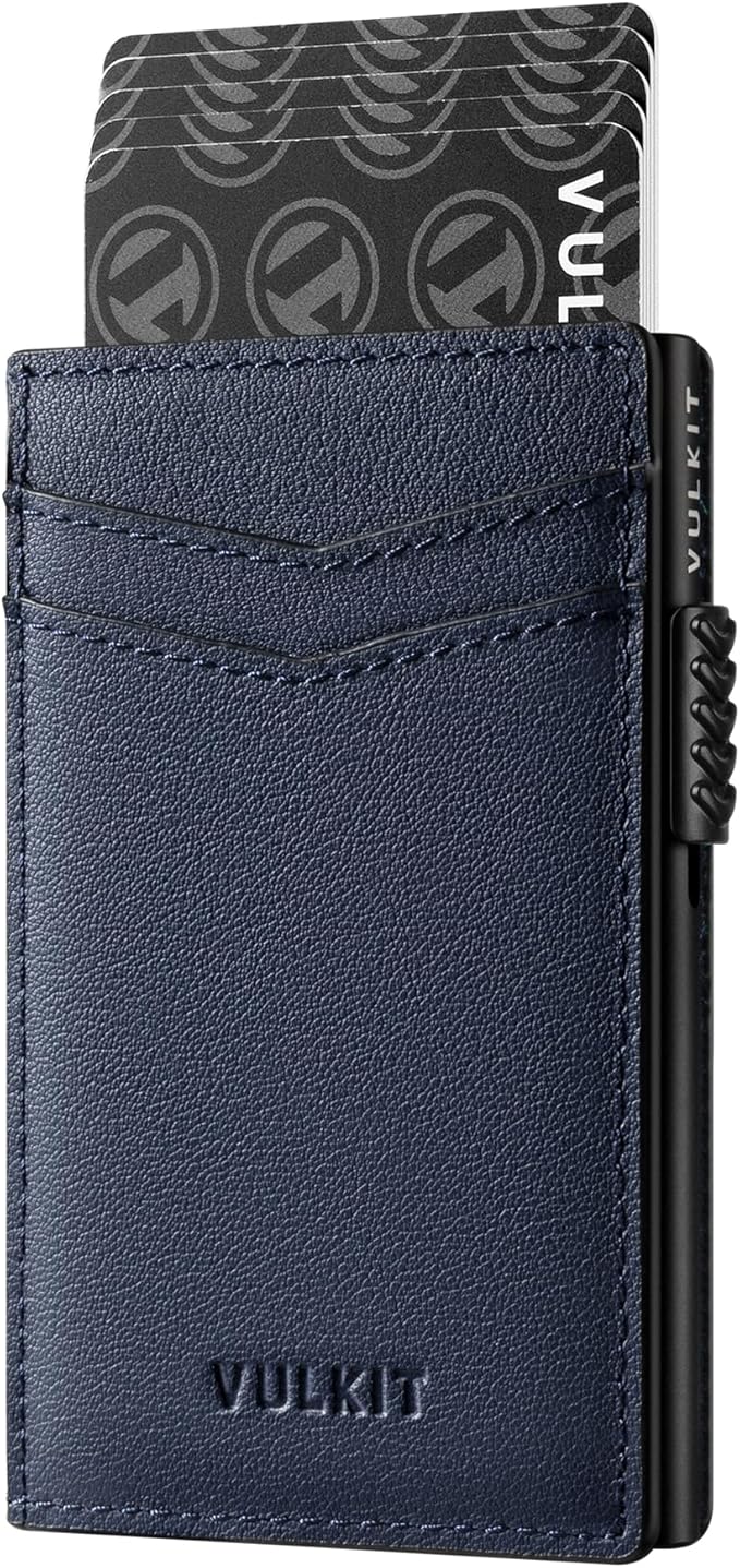 VULKIT Men's Slim Wallet Pop Up Card Holder RFID Blocking Metal Wallet Minimalist Design Holds Up to 11 Cards, Nappa Leather