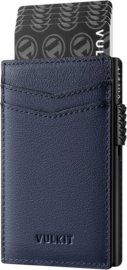 VULKIT Men's Slim Wallet Pop Up Card Holder RFID Blocking Metal Wallet Minimalist Design Holds Up to 11 Cards, Nappa Leather