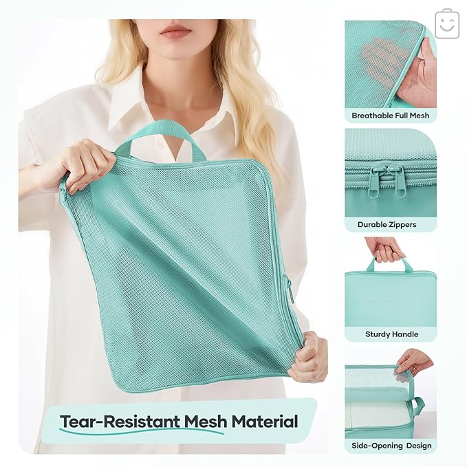 Veken 11 Set Compression Packing Cubes for Travel Essentials,Compressible Expandable Large Luggage Suitcase Organizer Bags for Clothing,Durable Space Saver Storage Bags with Toiletry Bags(Blue Green)
