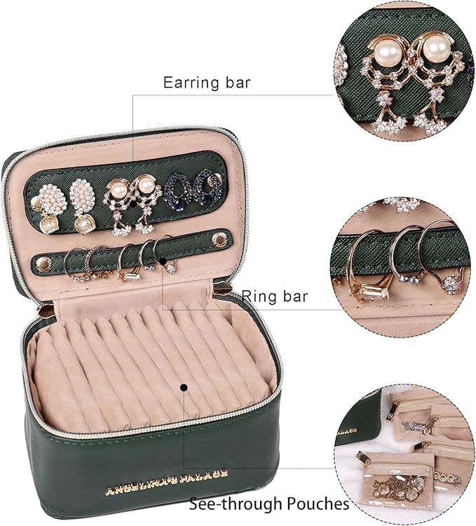 Angelina's Palace Jewelry Organizer Case Bridesmaid Gifts Travel Bag Vegan Leather Box for Necklace Earring Bracelet Ring(deep evergreen)
