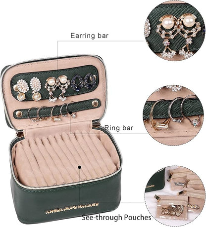 Angelina's Palace Jewelry Organizer Case Bridesmaid Gifts Travel Bag Vegan Leather Box for Necklace Earring Bracelet Ring(deep evergreen)