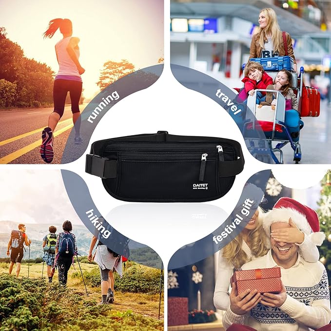 RFID Blocking Money Belt for Men Women, Slim Fanny Pack For Travel，Running,Conceal Waist Wallet For Passport Holder,Phone,Cash(Dark Black)