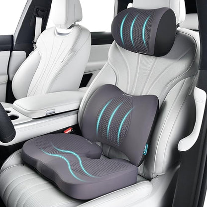 FLORICH 3 PCS Seat Cushion for Carseat Lumbar Support Pillow Car Neck Headrest Pillows Memory Foam Gel Memory Foam Massage Point Seat Pads Pressure Relief Back Cushion for Office Chair(Light Grey)