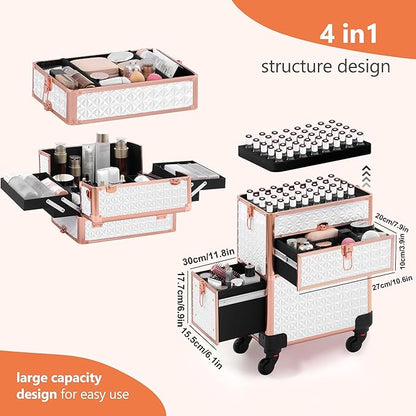 Makeup Train Case with Drawer, Rolling Makeup Case, Cosmetology Case on Wheels, Gift, Large Makeup Case Organizers, Professional for Salon Barber, Nail, Tattoo, White Gold