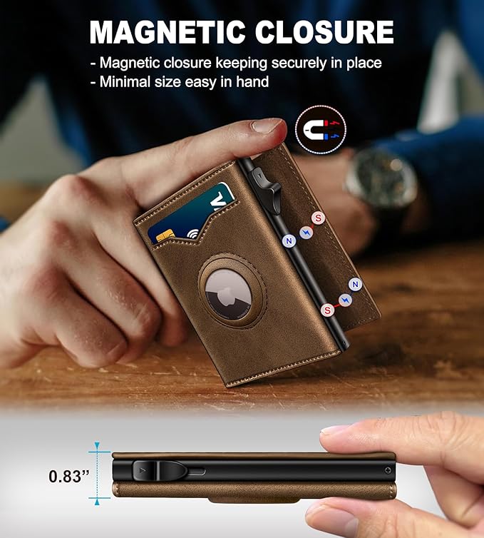 Airtag Wallet for Men,with Cash Pocket 2 ID Window 9-12 Cards,Metal Case Smart Slim Pop Up Credit Card Holder Flip with Magnetic Closure RFID Blocking Trifold wallet with Gift Box