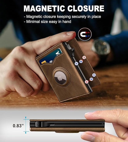 Airtag Wallet for Men,with Cash Pocket 2 ID Window 9-12 Cards,Metal Case Smart Slim Pop Up Credit Card Holder Flip with Magnetic Closure RFID Blocking Trifold wallet with Gift Box