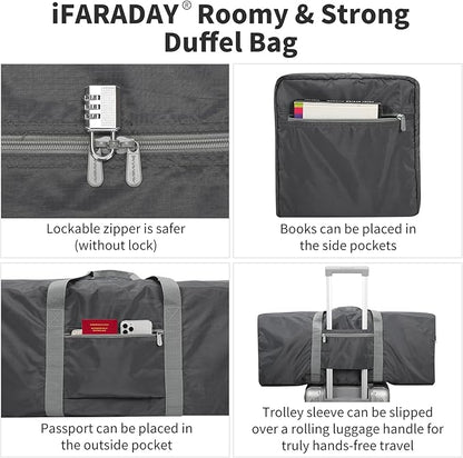 Foldable Duffle Bag for Travel - 75L Large Spare Travel Duffel Bag Lightweight with Trolley Sleeve - Grey