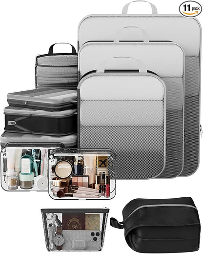 Veken 11 Set Compression Packing Cubes for Travel Essentials,Compressible Expandable Large Luggage Suitcase Organizer Bags for Clothing,Durable Space Saver Storage Bags with Toiletry Bags(Black)