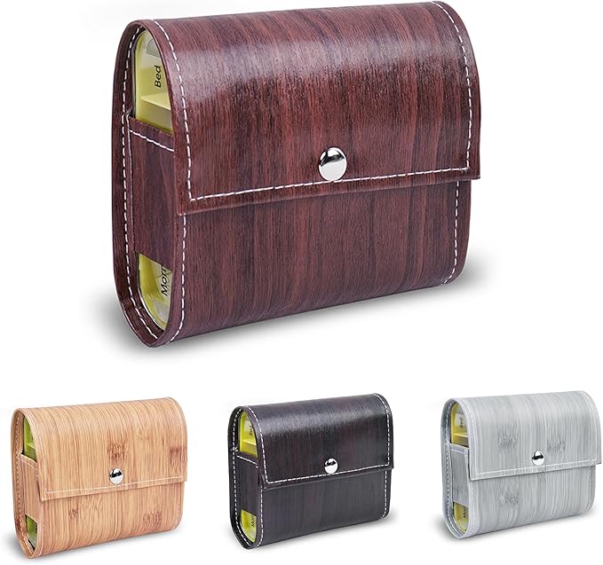 Pill Organizer,LIZIMANDU Weekly Travel Pill Case Box Medication Reminder Daily AM PM, Day Night 7 Compartments,for 4 Times A Day, 7 Days a Week-Includes Leather PU Carrying Case(1-Wood-Light Brown)