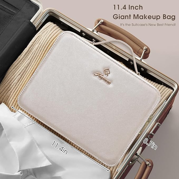 Leather Makeup Case with LED Lighted Mirror 11.4 Inch Travel Makeup Bag Adjustable Brightness in 3 Colors Cosmetic Organizer Artist Storage Bag with Dividers Brush Holder Bag Vanity Pale Gold