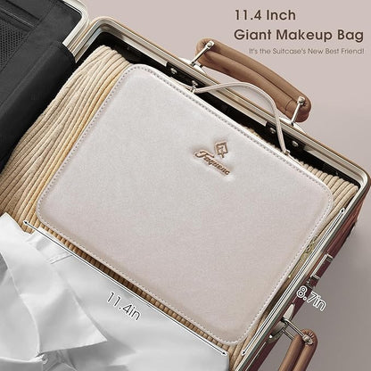 Leather Makeup Case with LED Lighted Mirror 11.4 Inch Travel Makeup Bag Adjustable Brightness in 3 Colors Cosmetic Organizer Artist Storage Bag with Dividers Brush Holder Bag Vanity Pale Gold