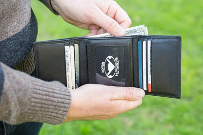 Stealth Mode Leather Trifold RFID Wallet For Men With Flip Out ID Holder