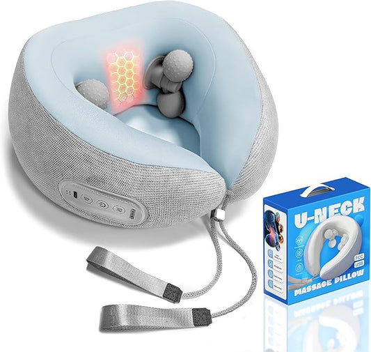 Neck Massager for Pain Relief deep Tissue, Neck Pillow Airplane with Heat and kneading, Neck Support Pillow for Sleeping Traveling Office & Home, Ideal for Women and Men (Blue)