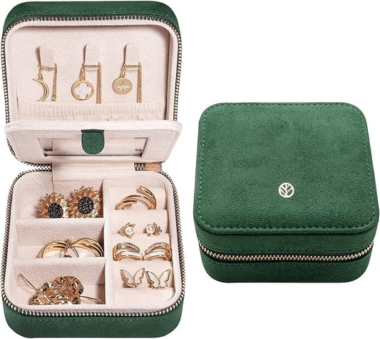 S.Leaf Travel Jewelry Organizer Boxes for Women Small Portable Necklace Earrings Bracelet Rings Travel Case Best Friend Birthday Gifts for Women Trendy (08_Suede_Touch_Emerald)