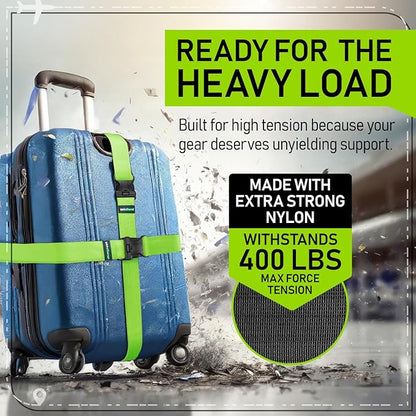 Untethered Ultimate Travel Set: 4 Premium Luggage Straps and 4 Silicone Tags - Secure & Identify Your Bags with Ease (Green + Tags)