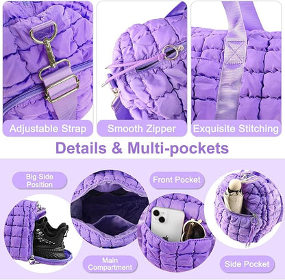 Quilted Travel Duffle Bag Gym Bag for Women,Large Puffer Duffle Weekender Bag with Compartment,Workout Overnight Carry on Organizer Bag Duffle Bag for Airplane Travel(L-Purple)