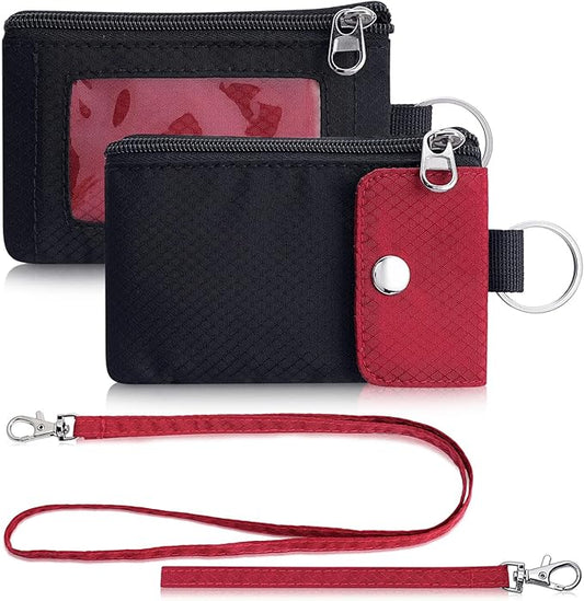 Minimalist Wallet For Mens Womens, Keychain RFID Blocking Zipper Small Wallet with ID Window 2 Lanyards,Water Resistant Travel Cash Card Coin Case Boys Girls