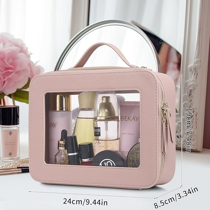 Pinkmik Clear Makeup Bag for Women Waterproof Travel Cosmetics and Toiletries Case Portable Makeup Oaganizer Bag Clear Car Bag with Zipper (Pink, L)