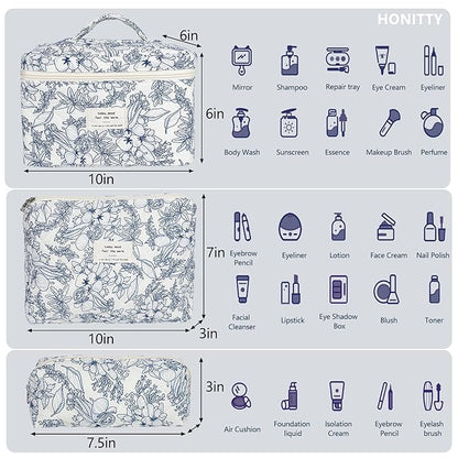 Makeup Bag,Quilted Cosmetic Bags,Large Floral Make Up Organize bag,Makeup Bag Set for Women,Flower Travel Toiletry Bag