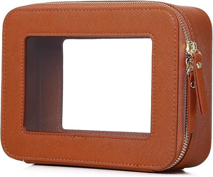 Pinkmik Clear Makeup Bag for Women Waterproof Travel Cosmetics and Toiletries Case Portable Makeup Oaganizer Bag Clear Car Bag with Zipper (X/Brown, M)
