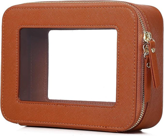 Pinkmik Clear Makeup Bag for Women Waterproof Travel Cosmetics and Toiletries Case Portable Makeup Oaganizer Bag Clear Car Bag with Zipper (X/Brown, M)