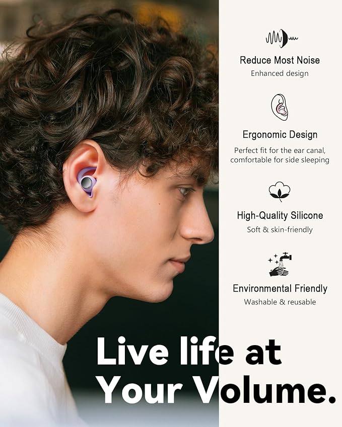 Ear Plugs for Sleeping - Noise Reduction Soft Silicone Earplugs, 2 Pairs Reusable Hearing Protection Earplugs for Noise Sensitivity, Sleep,Snore,Travel,Sound Reduction Noise Cancelling - Purple